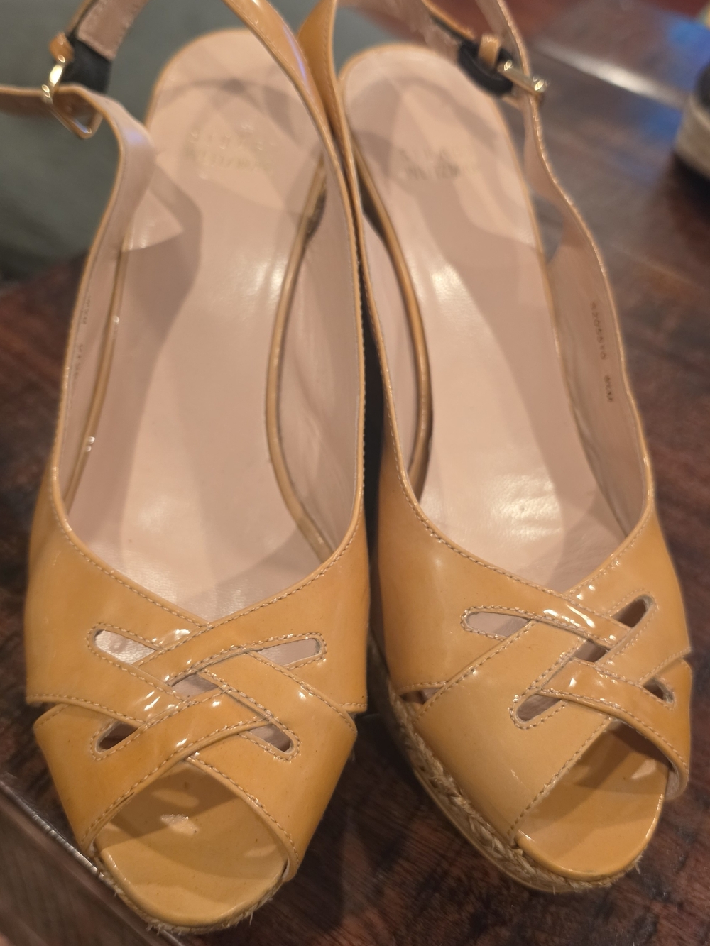 Stuart Weitzman Mustard Leather Peep-Toe Wedge Sandals